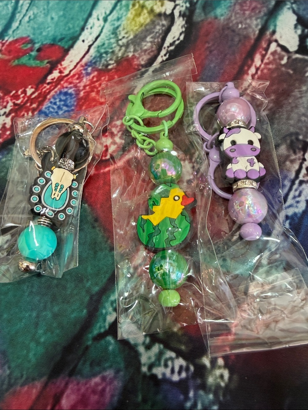 Keychain Set - Green Duck, Purple Cow & Turquoise skull Charms